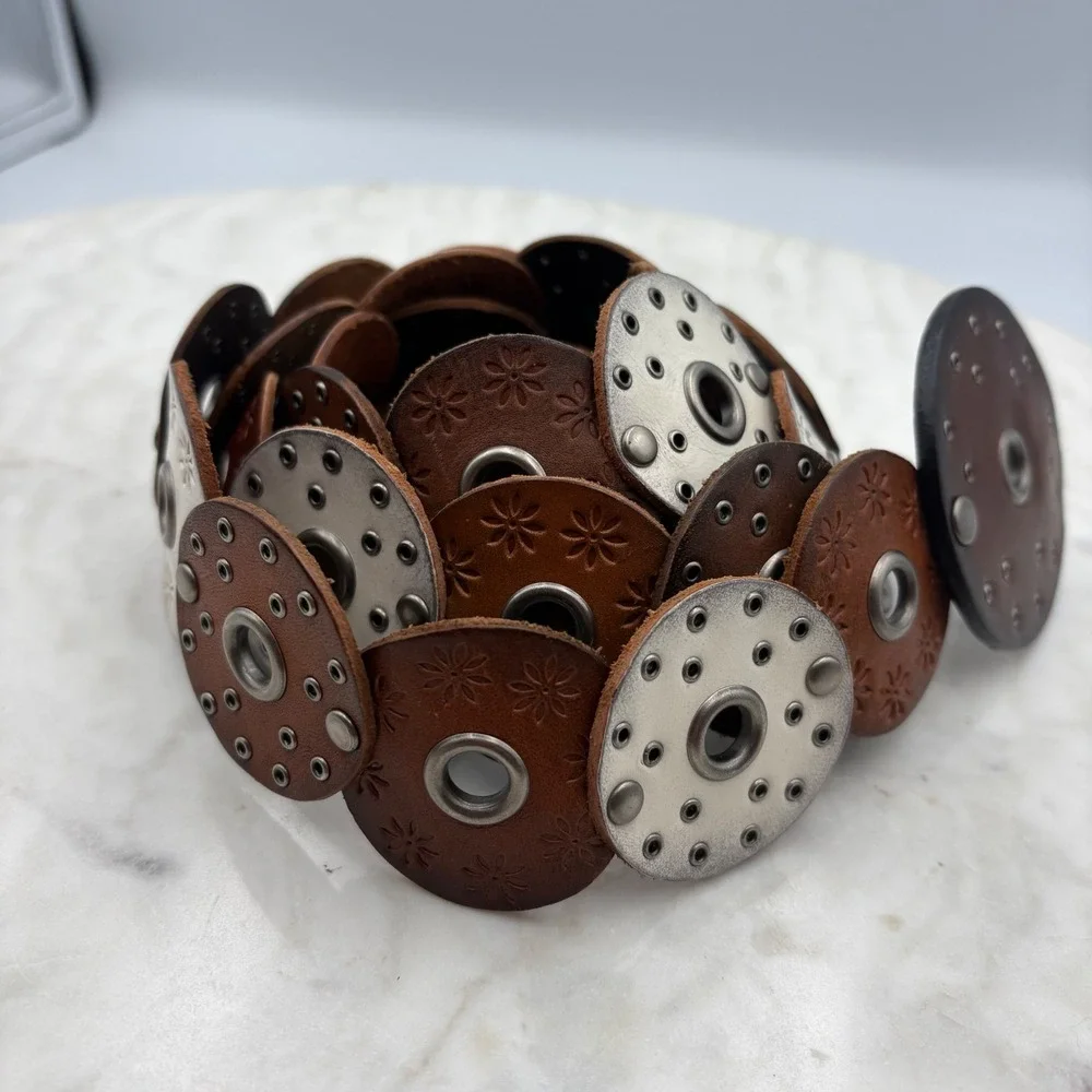 Y2K Genuine Leather Disc Belt Womens M Brown Silver Grommet Boho Studded Western